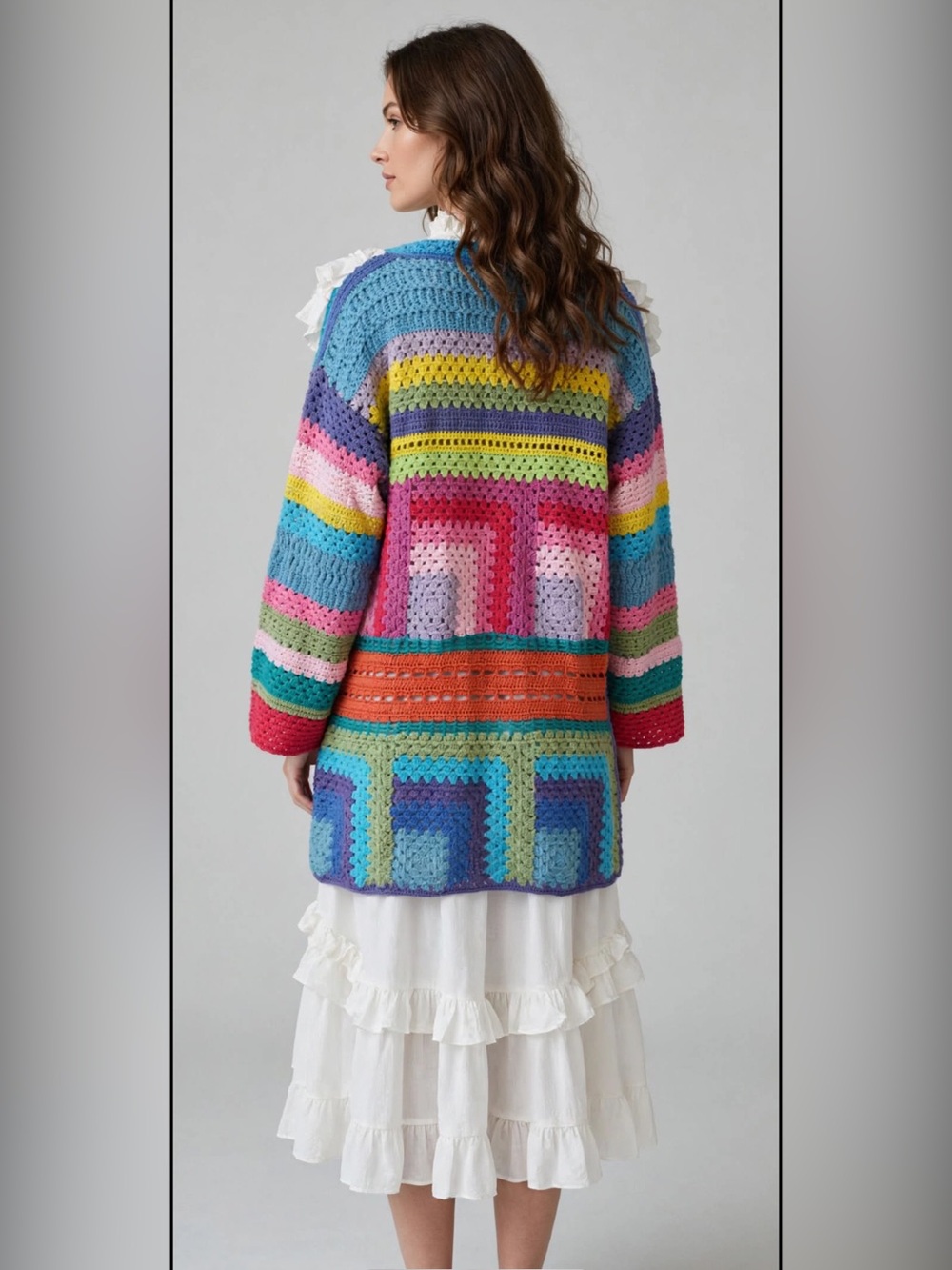 100%Cotton Granny square rainbow 🌈🦋🌺patchwork Open Cardigan Sweater - Vibrant . - Picture 5 of 17